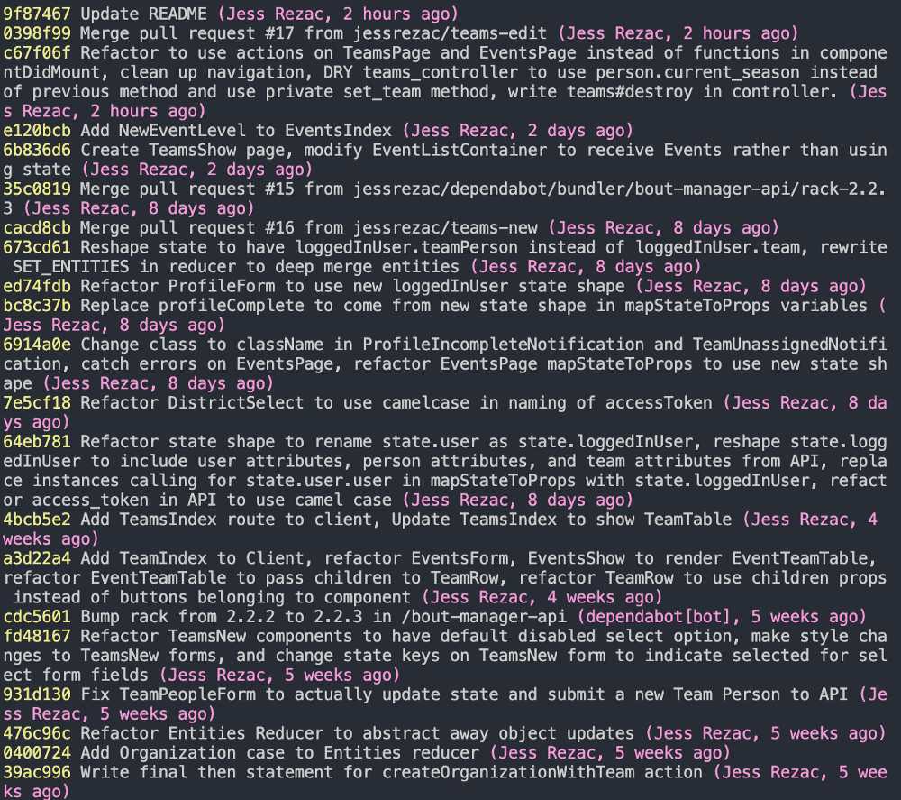 Git log for bout manager app