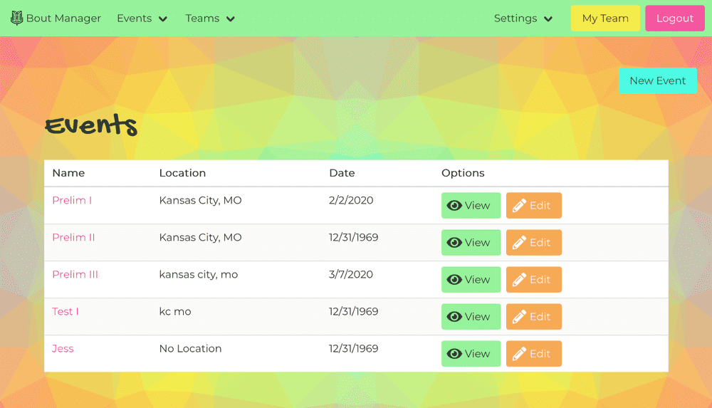Screenshot of Events Index from Bout Manager app